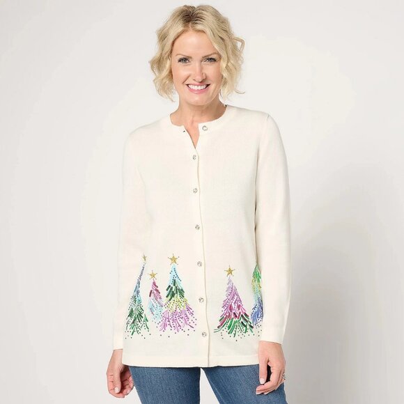 NWT White Sequined Sparkly Christmas Trees Cardigan Sweater QUACKER FACTORY XS - Picture 1 of 7
